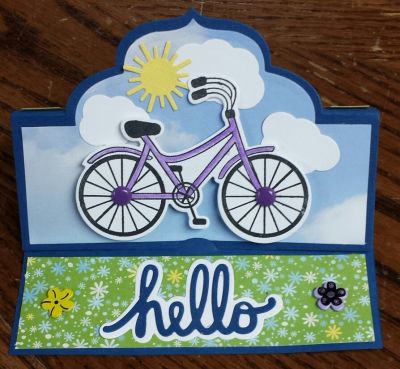 Hello Summer
Used bicycles2stamp, Hello die and sun and clouds from Hot Air Balloons. Flower brads and stand-up die.
