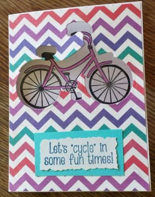 Cycling Fun Times
The bicycle is die cut out on front and stamped  and colored with colored pencil on inside
