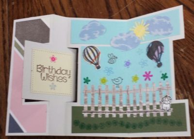 inside of square flip it with hidden panel For You Birthday Wishes
This is the Inside of the Square Flip with a hidden panel
6 stamp and die sets used:
Triplitflower2stamp.      Stamp2build
Hot4balloons
Framelits with stamps
Flower2doodle
Sign4words
