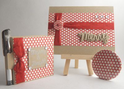 1 Sheet of Card Stock & 1 Patterned Paper - 3 Projects
I created three items from one sheet of card stock and 1 piece of 6 by 6 patterned paper from the September 2014 Card Kit Club kit. 1 Greeting Card, 1 Pocket Mirror, and 1 Post it Note Holder. It was 'merry' fun! 
Keywords: honeycomb greetings, pocket mirror, post it note holder, merry card, kit club cards
