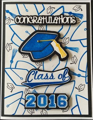 Graduation card
Stamped background from stamp set. Fussy-cut shadows in black to help stand out from background paper. Congratulations word and shadow from card kit. 
