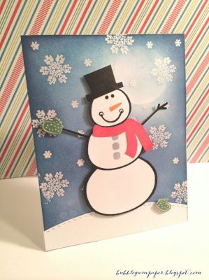 Do You Want to Build a Snowman?
The snowman2build set is so much fun.  You can mix and match the different accessories to give him a unique look.  I used distress inks to make a night sky.  I did not have the die set, so I hand cut the different pieces.  The shapes in this stamp set are pretty easy to cut by hand, so it worked out fine.
Keywords: snowman2build, snowman, winter, holiday card, snowflake