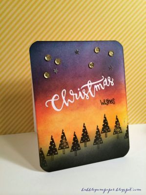 Christmas in LA
This card was inspired by the beautiful Los Angeles sunsets we've experienced the past few days leading up to Christmas.  The "wishes" sentiment is from the 'snowman2build' set and I masked out the word "warm" so only wishes shows up.  The mini trees are from the September Kit Club stamp set.
Keywords: holiday, Christmas, snowman2build, September Kit Club, merry and bright, trees