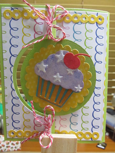 Happy Birthday Circle Flip It
Cute card using the November Card Kit paper - Circle Flip it #4 and the Triplit Cupcake Die set. The top of the cupcake raised stars was created by a stencil and molding paste and then distressing over it.
