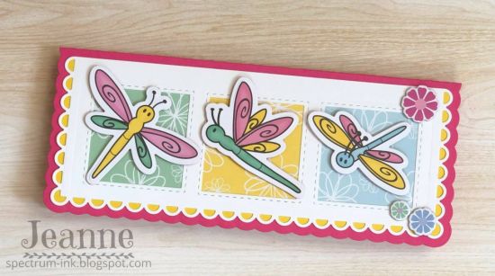 Dragonfly Slimline Birthday Card
I made this with the Feb card kit.  The dragonflies are cut using the dies for Dragonflies2stamp and the Take It Easy paper.  I used the Scalloped Slimline die and the Stitched Square Drop-in to create the card base.  The dragonflies are popped up with foam dots.  The inside has the slimline Happy Birthday on the inside.
Keywords: Dragonflies2stamp slimline birthday