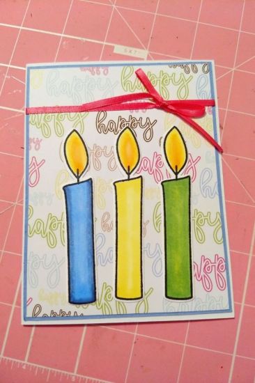Birthday candle card made from sky and powdered sugar cardstock, TSOL patterned paper, and candles4birthday stamps and dies. Also used Copic markers, momento ink and random ribbon from my stash. 
Keywords: Birthday, candle, happy