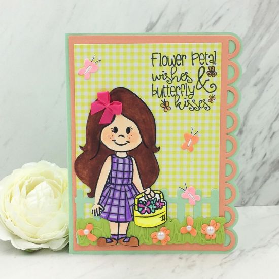 Flower Petal Wishes and Butterfly Kisses 
Stephie Doll 3, Ribbon Edge A2 Card, Fence Die, TSOL papers and inks
