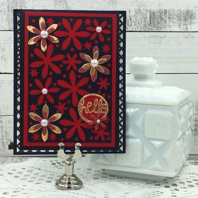 Hello
Sizzix Card Flower Drop-ins, Sizzix Word Circle #2 Set, TSOL cardstock, glitter paper, cardstock
