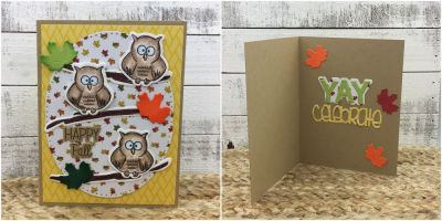 Happy Fall
Sizzix Fall Mini Pudgies, owlpudgie 7 (branch), Sizzix Happy Thanksgiving 3-D Drop-ins Sentiments (leaf die), Celebrate Word Die, Yay Card kit Die, Sizzix Dotted Ovals, TSOL papers and ink

