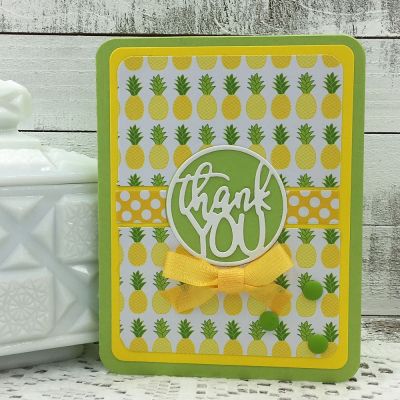 Thank You
Sizzix Card, Rounded Corners w/ Circle Drop-ins, TSOL papers and ribbon
