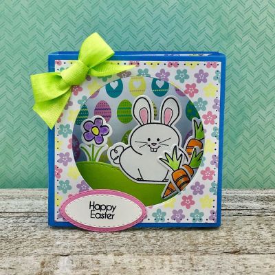 Happy Easter Shadow Box
Shadow Box Die
Sizzix Dotted Square
TSOL Circle Dies
TSOL Stitched Oval Dies
sailboat2stamp (grass)
bunnypudgie12 stamp/die set
hippo2stamp (flower)
chocolatebunny2stamp (Happy Easter)
TSOL papers, ink and seam binding

