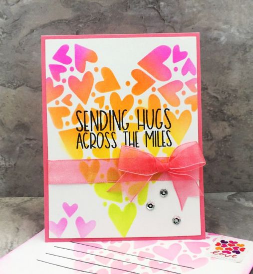 Sending Hugs Across The Miles
Big Heart Stencil, sentiment and ribbon from January 2020 Card Kit Club, TSOL inks and papers
