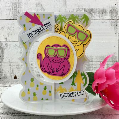 Monkey See Monkey Do
 monkeypudgie18, Exclusive Flip-its Card Circle, Sizzix Scalloped Circle Stand ups Card Set, pineapple2stamp dies, TSOL papers and ink
