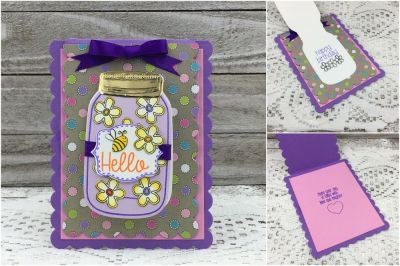 Hello
 labels4jar,  Sizzix Card Scallop Drop-ins, words4jar, TSOL papers and ink
