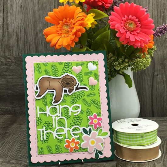 Hang in There
February Kit Club 2020 (Best Wishes), Hang in There word die, Stitched  ONLY Rectangles, Scallop Rectangles, Sloth Dies
