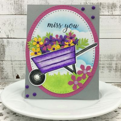 Miss You
wheelbarrow2stamp with dies, Sizzix Triplits Flowers #3, Sizzix Dotted Ovals, Border Dies, TSOL papers and ink, * greenery made using a punch*
