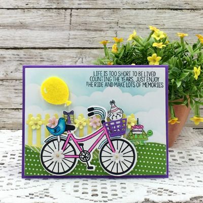 Enjoy the Ride
birthdaygreetings2stamp, bicycle2stamp, postages2stamp, birthdayspinner2stamp, Sizzix Fence and Flowers, hippo2stamp, border dies, TSOL papers and Inks
