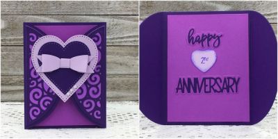 Happy Anniversary Gatefold
Sizzix Half A2 Swirl Card, Sizzix Dotted Hearts, Large Bow Die, minidoublebanner2stamp
