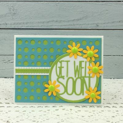 Get Well Soon
Medium Dotted Background Dies, Get Well Soon Circle Die, Ribbon Dies, Mini Flower Dies & TSOL papers and epoxy dots
