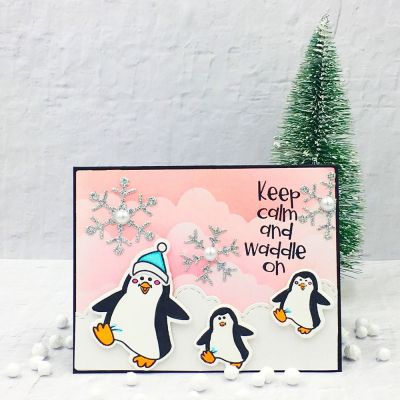 Keep Calm and Waddle On...
Waddlepenguins2stamp, Border Die (clouds)  Snowflake Background Die , TSOL papers and inks
