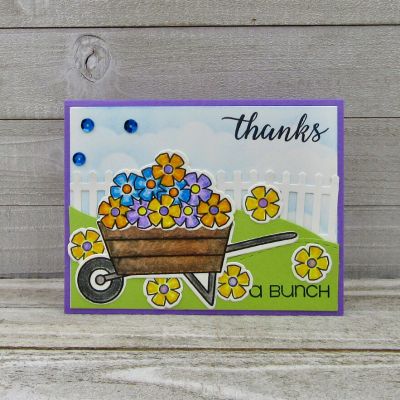 Thanks a Bunch
Wheelbarrow2stamp w/dies, sailboat dies, Sizzix Flowers and Fence dies, TSOL papers and ink
