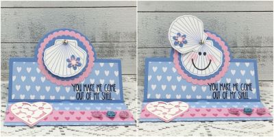 You Make Me Come Out Of My Shell
Sayings4shells, shells2stamp, Sizzix Stand-Up Circle Die Set, faces4stamps, Heart Die (in Sizzix Sidekick Starter Kit), TSOL papers, ink, embellishments
