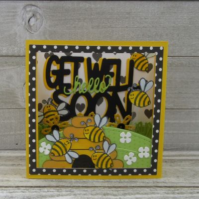 Get Well Soon
Shadow Box Die, Square Dies, hive4bees, Shabby Chic Flower Dies, Sizzix Get Well 3-D Drop-in, Sizzix Tree Step-Ups Card Die Set, TSOL papers
