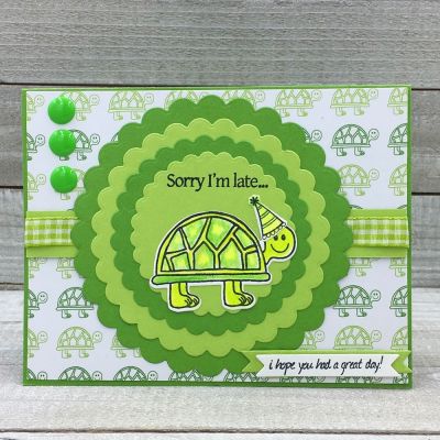 Sorry I’m Late Scalloped Circles 
Scalloped Circle Dies, late4birthday with dies, TSOL papers, ink, and ribbon
