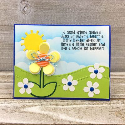 A Good Friend
Border Dies, Flower Power Dies, Flower Dies (included in Sizzix Sidekick Starter Kit), Sizzix Triplits Hello Sunshine, sentiment: January 2018 Card Kit Club- Yay Collection, TSOL papers and ink
