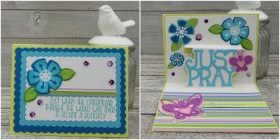 Just When The Caterpillar Thought...
Sayings4butterfly, Butterfly Dies, TSOL Scalloped Rectangles, Newport Flower Dies, Sizzix Just Pray 3-D Drop-ins Die Set, TSOL papers and inks
