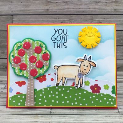 You Goat This
morefarmanimals2stamp, Sizzix Tree Step Ups Card, Sizzix Edgelits Brackets, Bevels and Lace, TSOL papers and ink
