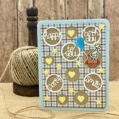 Happy Birthday Circle Background
Circle Background Die Set, owl (postage2stamp), Party hat (Party Animal Online Class), balloon (Card Kit), TSOL papers and ink
