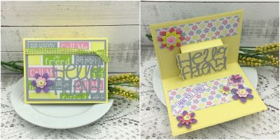 Hello Friend
Sizzix 3-D Drop-ins, happy4bannersTWO, TSOL papers, ink and embellishments 
