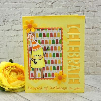 Celebrate
pops2eat, faces4stamps, birthday4Cookie, Scalloped Rectangles, Rectangle Dies, kids2love, Med. Chevron Background Die stenciled, Mini Flower Dies, Celebrate Drop Out Dies, TSOL papers , felt and ink
