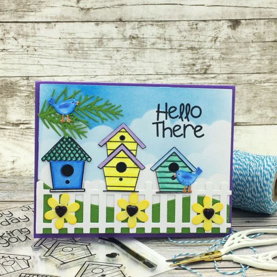 Hello 
birdhouses2stamp, Fence Die, pinecones2stamp dies, Mini Flower Dies, Botder Dies, TSOL papers and inks
