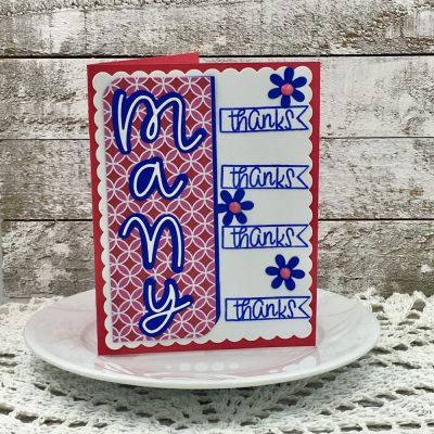 Many Thanks
Limited Edition Script Uppercase Alphabet, Thanks stamp, Scalloped Rectangles, Mini Flower Dies, TSOL inks and papers
