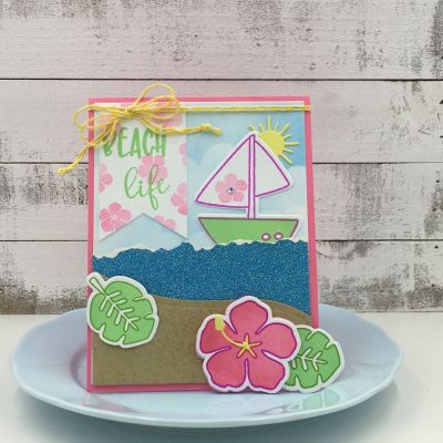 Beach Life
solids4tropical, tropical2stamp, Sailboat2stamp, border dies, hot4balloons (sun), TSOL papers, inks and twine
