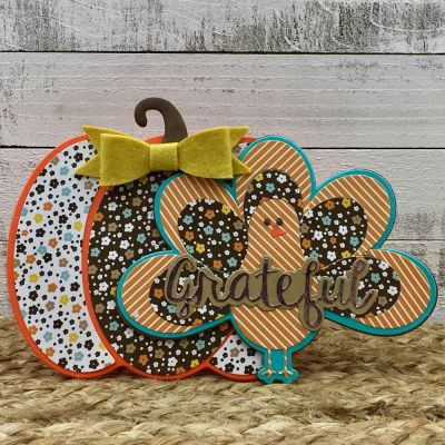Grateful Turkey
Turkey Fold-it, Sizzix /SB Pumpkin Fold-its, Large Bow Dies, Grateful Card Kit Die, TSOL papers and felt
