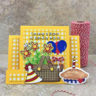 A Basket of Birthday Wishes 
Picnic2stamp, Center Step Card Die, Birthday4Cookie (party hat), cake2stamp (candle), Elephant Pudgie (balloons), TSOL papers and inks
