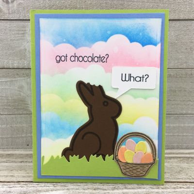 Got Chocolate?
Border Dies, chocolatebunny2stamp with dies,, bunnyfriend4bear dies, Sizzix  Bird and Tree (speech bubble) TSOL papers and ink
