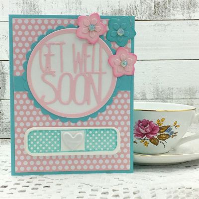 Get Well Soon
Get Well Circle Die, Scallop Circle Dies, bandage2stamp, Sizzix Mini Square Stand-Up (flowers), TSOL papers and ink 
