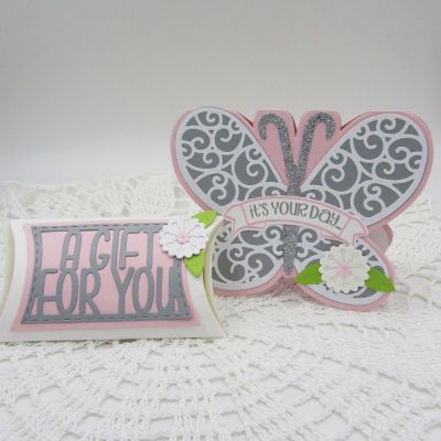 Bridal Shower Card with matching Pillow Box
Sizzix Butterfly Fold-it
morechalksayings2stamp stamp/die set
TSOL Quarter Flowers with Leaves
Exclusive Pillow Box Die Set
TSOL papers and ink
