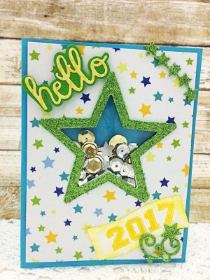 Hello, 2017 Shaker Card
graduation2celebrate
Stitched Star Dies
Notebook Edge Set-hello
Star Flip-Its-small stars
Happy Collection Patterned Paper 
