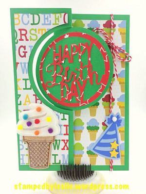 5x7 Happy Birthday Flip-Its 
TSOL Happy Collection Patterned Paper 
Powdered Sugar felt
Triplits Party Hats
Sizzix/SB icecream cone stamp/die

