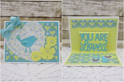 You Are Loved
Sizzix You Are Loved 3-D Drop-in
Sizzix Triplits Spring Bird
Heart Step-Ups Card Die Set
Newport Flower Dies
Paper doily
TSOL papers
