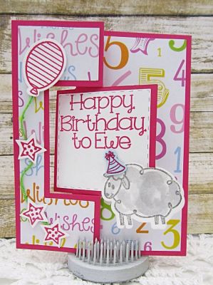*Happy Birthday to Ewe
Sizzix Square #2 Flip-It Card Die Set, Sizzix Stitched Square Dies, balloons2cut stamp & die set, spinner4birthday (party hat), TSOL water pens and TSOL papers 

