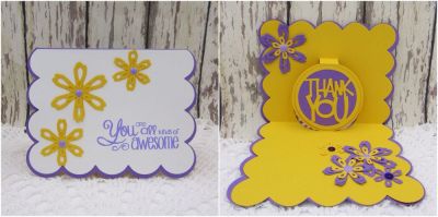 Thank You
Sizzix 3-D scallop w/gifts Drop-ins
Upliftingwords2hear stamp set
TSOL Shabby Chic Flower Dies
TSOL papers

