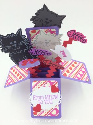 Valentine Kitties in a Box 
Box Card Dies
cat2stamp
Heart Dies
happymail2stamp
Sizzix speech bubble
Sizzix Borders
Thanks for looking!
