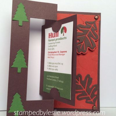 Business Card Holder
Sizzix/Stephanie Barnard Rectangle/Gift Card Flip-its Card Set
Leaf Triplits 
tree- stocking2stamp
Made this for my son who is a Forester, discovered this card die is great for holding business cards too!
*you do have to slightly trim down the business card*
