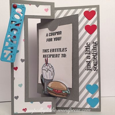 A Coupon For You
Sizzix/Stephanie Barnard Rectangle/Gift Card Flip-its Card Set
Patterned Paper by TSOL
Coupon: computer generated w/sticker
Drop-in sentiment
Sentiment: Sizzix/Stephanie Barnard Tags & Words
Heart dies
Thanks for looking!
